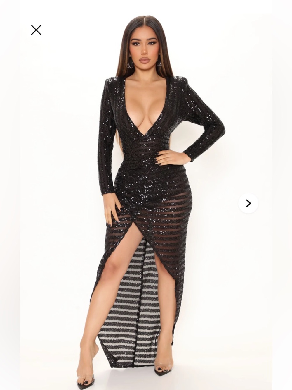 Black Sequin Deep V Long Sleeve Evening Dress